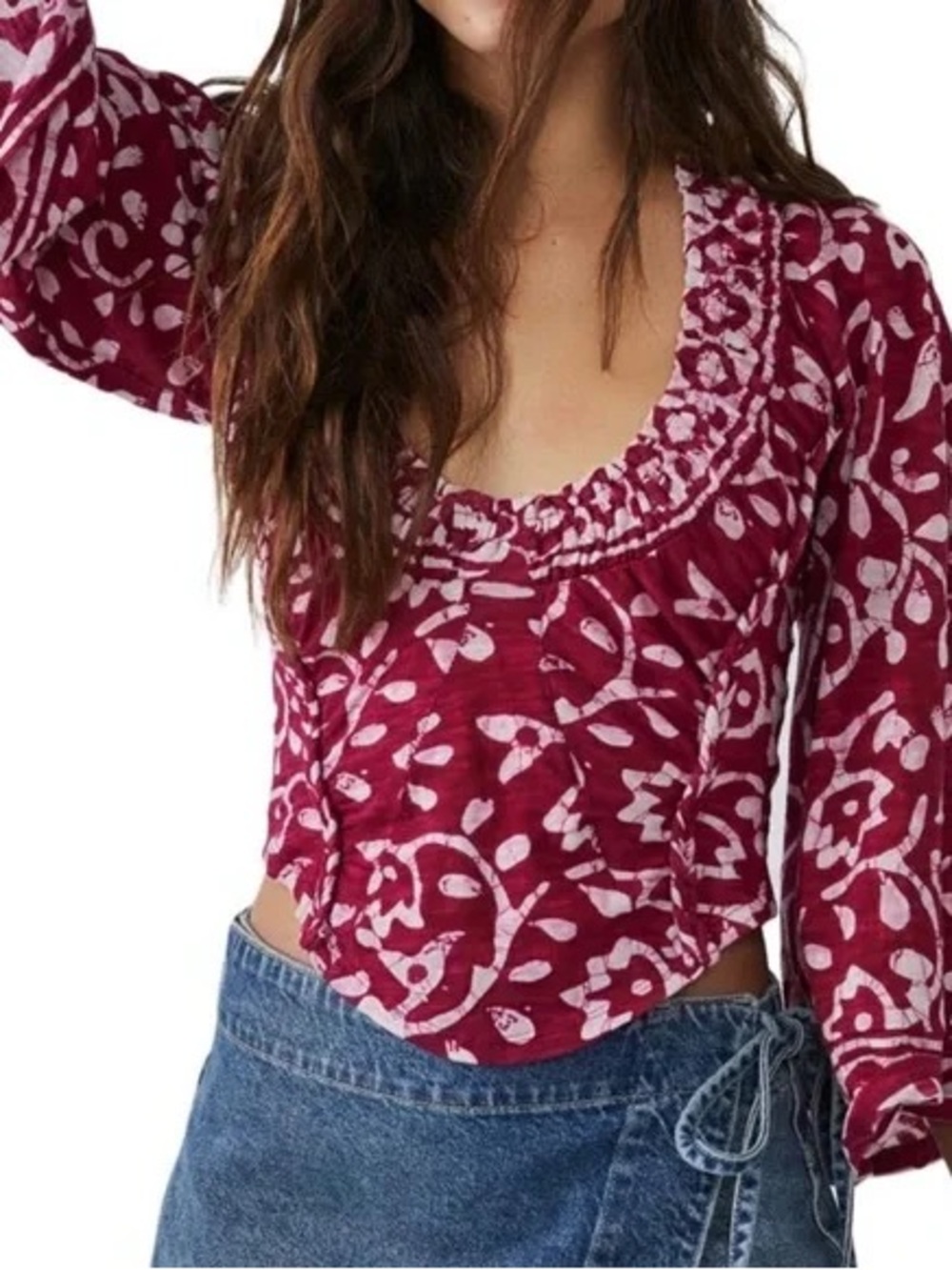 NWT Free People on the block batik bell sleeve blouse top XS extra small